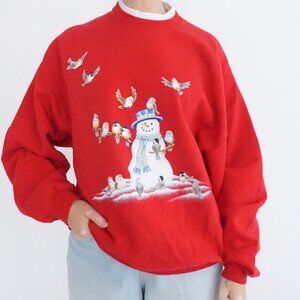 Vintage Morning Sun Red Snowman Bird Winter Scene Graphic Crewneck Sweatshirt XL